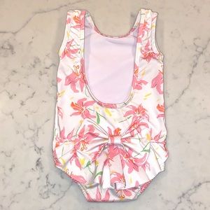 EUC Bella Bliss Toddler Girl’s Pink Tiger Lily Bow Back Ruffle Swimsuit (2T)